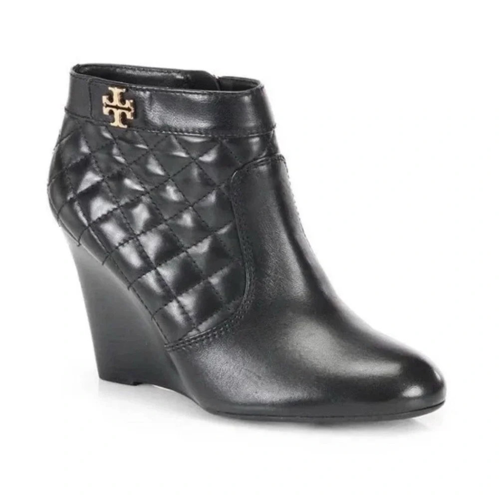 Tory Burch Leila Black Leather Quilted Ankle Wedge Booties Size 6 - Picture 2 of 5